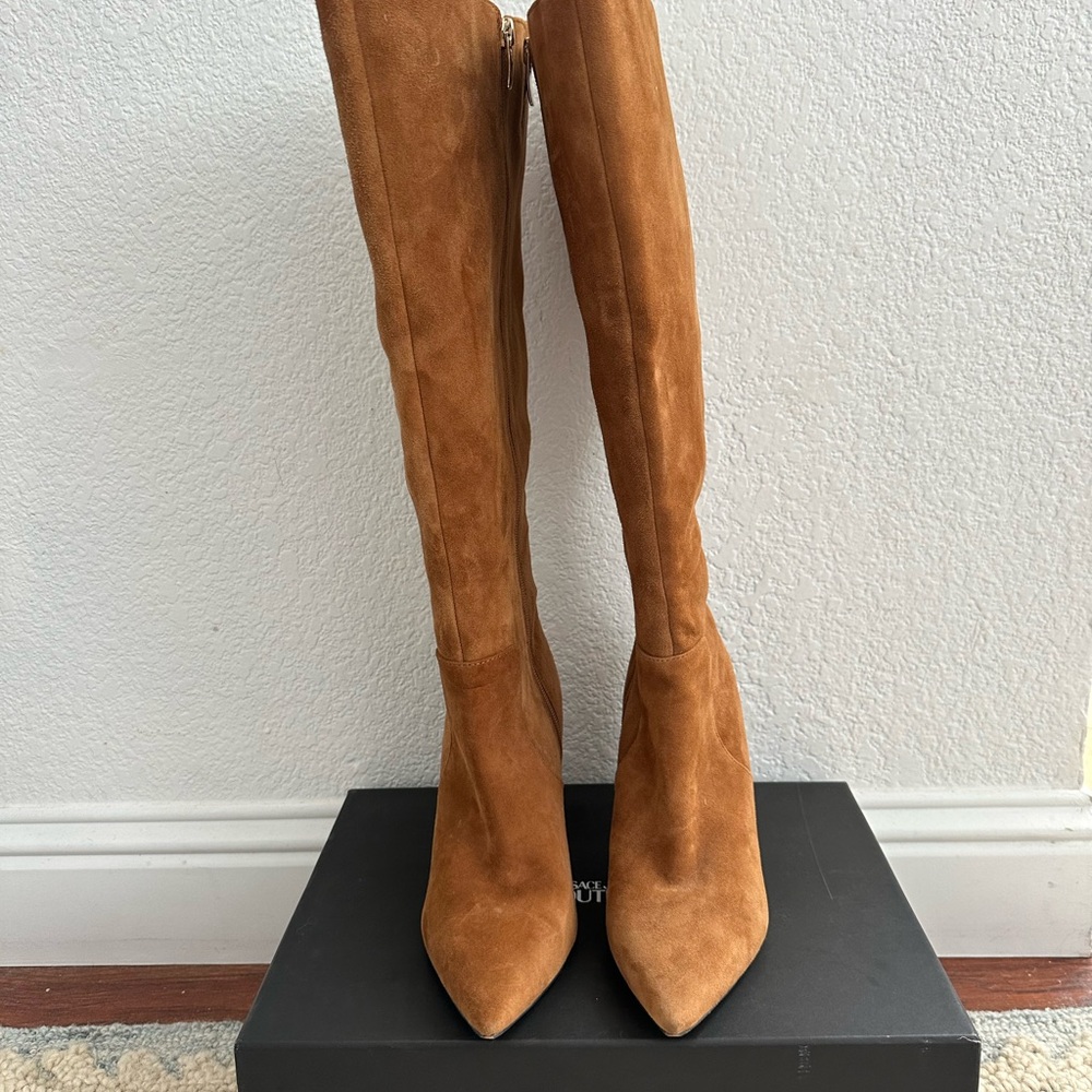 Nine West Tan Genuine Suede Wide Calf Heeled Boots